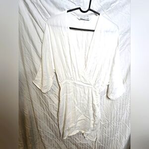 Zara Satin White Ruched V Neck Mini Dress